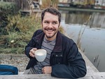 man, coffee, outdoors, lake, lakeside, drink, portrait, relaxation, smile, laugh, nature, pond, man, man, man, man, man